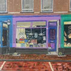 an oil painting of a store front on a city street