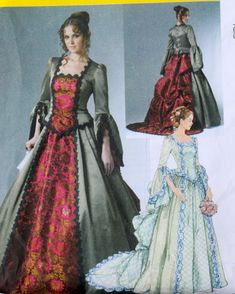 Here's a beautiful Victorian gothic style gown you can make yourself. Perfect for your next costume or cosplay, or even your wedding or any special occasion. Gown features: -  Bodice with flared sleeves -  Full Skirt -  Bustle and train -  Train is detachable -  Laces in back of bodice Size: 6 - 12 Bust: 30" - 34" Waist:  23" - 26"  Hip:  32" - 36" UNCUT, complete, LIKE NEW with instructions. Light wear to envelope due to storage. No musty odors.  Non-smoking home. LOTS more in our shop! http://www.etsy.com/shop/clutterina Fitted Gothic Ball Gown, Fitted Long Sleeve Ball Gown For Fancy Dress, Vintage Fitted Gown For Halloween, Vintage Fitted Halloween Gown, Fitted Ball Gown For Halloween Fancy Dress, Halloween Fancy Dress Ball Gown, Fairytale Halloween Costumes For Fantasy Events, Princess Costume With Fitted Bodice For Cosplay, Fitted Long Sleeve Ball Gown For Costume Party