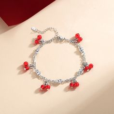 Fashion Element: Red Beans Style: New Chinese Style Casual Silver Bracelet For Valentine's Day, Casual Red Charm Bracelet Gift, Casual Red Friendship Jewelry, Casual Red Jewelry For Gifting, Casual Red Jewelry For Gifts, Casual Red Jewelry For Friendship, Casual Red Metal Jewelry, Trendy Red Beaded Bracelets As Gift, Adjustable Red Metal Charm Bracelet