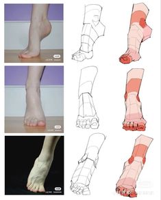 four different views of the feet and ankles of a person with long, slender legs