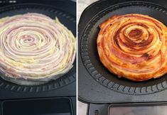 two pictures showing different types of food cooking in an electric skillet and then being cooked on the griddle