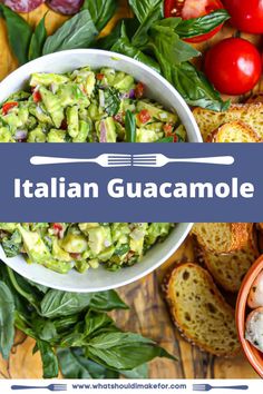 an italian guacamole salad in a bowl with bread and tomatoes on the side