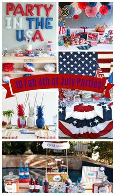 an outdoor party with red, white and blue decorations on the table is featured in this collage