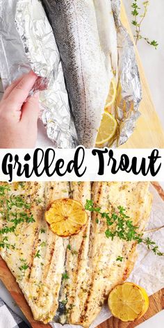 grilled fish with lemons, parsley and herbs in foil on a cutting board