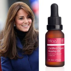 a woman smiling next to a bottle of organic rosehip oil and a photo of the same product