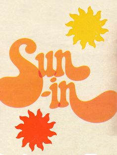 an advertisement for sun - in on the beach with orange and yellow letters that spell out