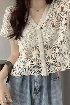 Sexy V-Neck Knitted Embroidered Lace Shirt – Leena Outfit Elegant V-neck Crochet Lace Top, Embroidered Lace V-neck Top, V-neck Knit Top With Crochet Lace, Elegant Crochet V-neck Top With Lace Trim, V-neck Lace Top With Crochet Details, Embroidered Crochet, Sweater Collection, Embroidered Jeans, Crochet Shirt