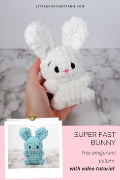 a hand holding a small stuffed animal with the text super fast bunny written below it