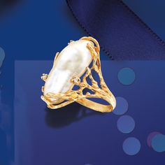 Ross-Simons - 10x24mm Cultured Baroque Pearl Ring, Diamond Accents in 14kt Yellow Gold. Size 7. Bold and beautiful! Diamond accents dot the labyrinth-like 14kt yellow gold band that holds an organically shaped 10x24mm cultured freshwater baroque pearl. 1" wide. White pearl ring. Pearl birthstones are the perfect gift for June birthdays. Luxury Oval Jewelry For Opera, Elegant Yellow Gold Baroque Jewelry, Elegant Baroque Jewelry For The Opera, Fine Jewelry In Yellow Gold With Baroque Pearls, Classic Baroque Yellow Gold Jewelry, Elegant Gold Pearl Ring With Baroque Pearl, Luxury Yellow Gold Baroque Jewelry, Elegant Gold Baroque Pearl Ring, Luxury Hallmarked 14k Gold Pearl Ring