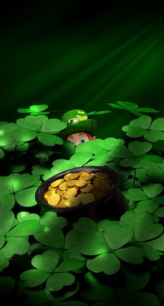 a pot filled with gold coins sitting on top of green clover covered water lilies