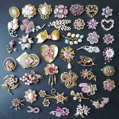 Vintage Pink Brooch Pins Czechoslovakia, Coro, PD, Sarah Coventry, Avon etc Some signed some unsigned, preloved, condition as is. Some wear and tear as expected with age.  Each item sold separately. Love them all! See notes below for item description and condition or email if you have any questions. Item 1: Gold tone oval brooch faux opal ($20) Item 2: Stunning Western Germany Vintage Porcelain Rose Pin gold tone ($45) Item 3: Oval faux pearl centre gold tone brooch Victorian revival design ($45) Item 4: Cabochon pink brooch bronze tone, pink and clear cabochons, with pendent converter loop.($45) Item 5: Intricate spider web pink rhinestone design brooch. Has pendent converter loop but tiny. ($35) Item 6: Lovely Mother brooch pink rhinestones. Gold tone a bit dulled with age but still stun Revival Design, Lilac Stone, Pink Brooch, Bijoux Art Nouveau, Turtle Brooch, Vintage Rhinestone Brooch, Victorian Revival, Unique Brooch, Pink Theme