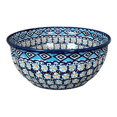 a bowl with blue and orange designs on it