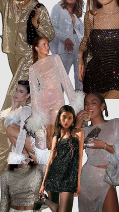 several different pictures of women in shiny outfits and one is holding a cell phone while the other has her hand on her hip