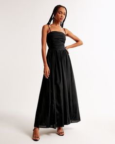 Flattering longer-length maxi dress in our shine cotton fabric, featuring a square neckline, adjustable straps, a smocked lace-up back, ruching details along the bodice and a voluminous skirt. Wedding Fits, Voluminous Skirt, Long Dresses, Womens Maxi Dresses, Square Neckline, Long Length, Women's Dresses, Abercrombie Fitch, Jumpsuit Dress