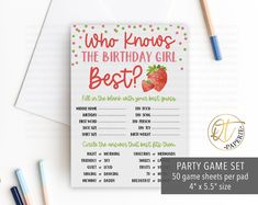 a party game with strawberries on it and the words who knows the birthday girl best?