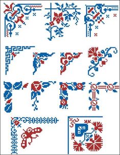 the cross stitch pattern is shown in red, white and blue with different designs on it