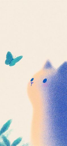 a cat is looking at a butterfly in the sky with blue and yellow colors on it