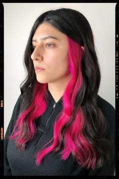 Black and Pink Hair Color Idea Black With Under Color Hair, Dark Brown Hair With Hot Pink Underneath, Neon Pink Peekaboo Hair, Hot Pink Peak A Boo Hair, Pink And Black Peekaboo Hair, Bright Pink Underneath Hair, Bright Color Underneath Hair, Hot Pink Underneath Hair Brown, Bright Pink Peekaboo Hair