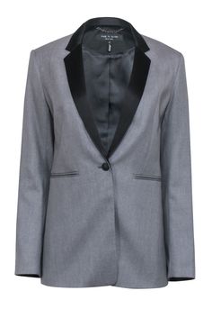 Current Boutique-Rag & Bone - Grey w/ Black Lapel Single Button Blazer Sz 4 Fall Single Breasted Tuxedo For Office, Fall Office Tuxedo With Lapel Collar, Fall Office Tuxedo, Single Breasted, Fall Office Single-breasted Tuxedo, Gray Blazer With Suit Collar For Formal Occasions, Gray Formal Blazer With Suit Collar, Sleek Single-button Suits For Office, Formal Gray Blazer With Pressed Crease, Gray Single Button Suit For Office