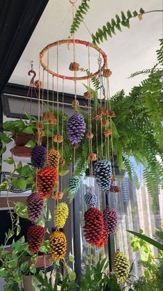 a mobile made out of pine cones hanging from the ceiling in front of some plants