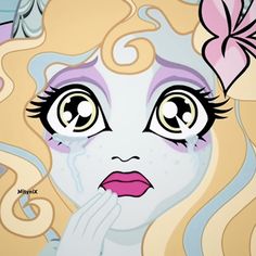 a close up of a cartoon character with big eyes and blonde hair holding her hand to her mouth