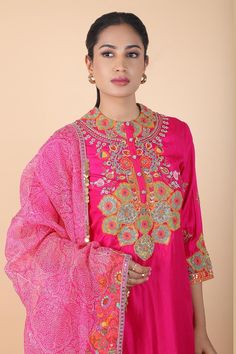 Magenta kurta with floral bloom embroidery. Paired with a contrast dhoti pant and dupatta with prints and embroidered border. - Aza Fashions Pink Mulmul Dupatta With Floral Embroidery, Semi-stitched Multicolor Embroidered Jamawar Dupatta, Bohemian Semi-stitched Kurta With Multicolor Embroidery, Pink Semi-stitched Kurta With Floral Embroidery, Bohemian Dupatta With Floral Embroidery, Semi-stitched, Bloom Embroidery, Kurta Patterns, Dhoti Pants, Embroidered Border