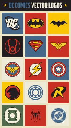 various logos are shown in different colors and sizes, including the logo for dc comics