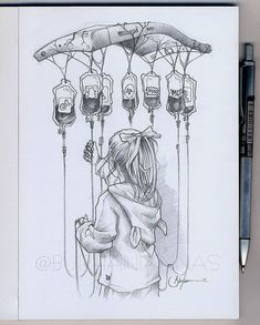 a drawing of a girl holding an umbrella over her head with many lights hanging from the ceiling