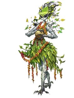 a drawing of a creature with leaves on it's head and arms, standing in front of a white background