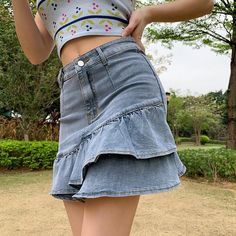 Material: Cotton Material: Polyester Material: Spandex Decoration: Ruffles Silhouette: Trumpet / Mermaid Fabric Type: Denim Gender: WOMEN Waistline: Empire Pattern Type: Solid Dresses Length: Above Knee, Mini Style: Y2K Style, Y2K Outfits, Y2K Skirt Size (cm) Waist Hip Length S 64 78 37 M 68 82 38 L 72 86 39 Size (inch) Waist Hip Length S 25.20 30.71 14.57 M 26.77 32.28 14.96 L 28.35 33.86 15.35 Pleated Denim Skirt, Jean Skirt Outfits, Y2k Skirt, Blue Denim Skirt, Ruffle Mini Skirt, Outfits Y2k, Y2k Outfits, Denim And Lace, Black Midi Skirt