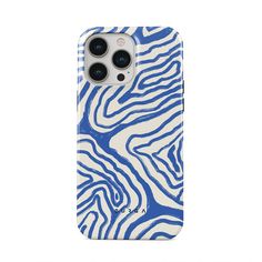 an iphone case with blue and white zebra print on it, showing the back side