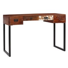 Our solid sheesham wood desk exudes a vintage charm that will make it a distinctive addition to your home or office. It can also be used as a console table or computer table. The body of the desk is made of solid sheesham wood, while the front panels of the drawers are made of real leather, solid acacia wood and sheesham wood. Sheesham is a tropical hardwood that is famous for its rich grain and also known as rosewood or palisander. Every step of the process is carried out with the greatest care Industrial Hall Table, Vintage Writing Desk, Sideboard Modern, Office Supply Organization, Computer Table, Sheesham Wood, Wood Desk, Home Desk, Modern Desk