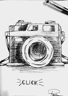 a drawing of a camera with the words click on it and a pen next to it