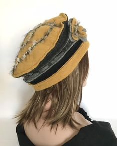 Anais Yellow mustard-grey-black hat. Hat woman. Winter hat. | Etsy Cheap Handmade Yellow Hat, 1940s Hats Women, Upcycled Hats, Unusual Hats, Fun Hats, Felted Hats, Sewing Hats, Cabbie Hat, Hat Patterns To Sew