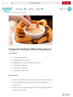 an image of a website page with onion rings and dipping sauce on the top right side