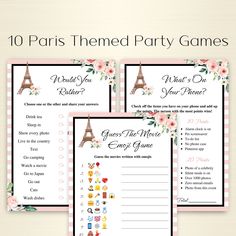 the paris themed party games are shown in three different colors and sizes, with flowers on them