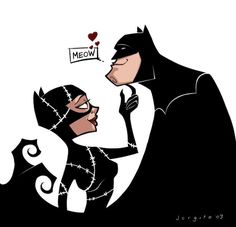 batman and catwoman kissing each other with the word meow written above their heads