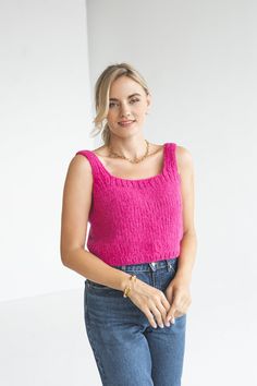 "Crafted from a soft blend of alpaca wool and silk in a vivid shade of pink, this tank top is designed for a regular fit and has chunky ribbed trims. Wear it with classic trousers, jeans or wide skirts. Mix and match this top with our cardigan https://t.ly/kzO4U.  DETAILS - Handmade. Our skillful knitters knit each garment by hand in their own homes and we are happy to provide them with the opportunity to support themselves while doing something they love. - Composition: alpaca wool and silk. No synthetic blends, for you and the environment. - Cerise color. You can choose any other color listed in the last photo. - Regular fit. The model wearing size M and she is 172 cm/5'8\" tall. - Alterations and Petit sizes are available. Please just let us know. - Orders are nicely packaged in tissue Pink Knit Crop Top, Wide Skirts, Cerise Pink, Classic Trousers, Knit Blouse, Trousers Jeans, Blouse For Women, Silk Material, Alpaca Wool