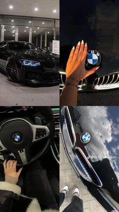 the inside of a bmw car with its hands on the steering wheel and in front of it