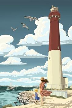 a painting of a woman walking on the beach next to a light house with seagulls flying around