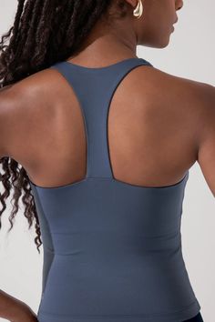 Audrey Tank - American Blue – POPFLEX® Blue Sleeveless Activewear With Built-in Bra, Chic Racerback Top With Built-in Bra, Chic High Stretch Tank Top With Built-in Bra, Chic Workout Tank Top With Built-in Bra, High Stretch Tank Top For Night Out, Chic High Stretch Seamless Tank Top, Chic Seamless High Stretch Tank Top, Chic Yoga Tank Top With Built-in Bra, Chic Seamless Tops For Night Out