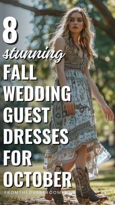 a woman wears wedding guest dress for october, western outfits Country Wedding Dresses For Guests, Fall Outdoor Wedding Guest Dress Casual, Fall Rustic Wedding Guest Outfit, Wedding Guest Dress For Barn Wedding, Fall Wedding Guest Dress With Booties, Outdoor Engagement Party Outfit, Ranch Wedding Guest Dress, Outdoor Fall Wedding Dress Guest, Casual Backyard Wedding Guest Outfit