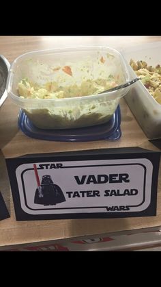 star wars themed food is displayed on a table with the name vader tater salad