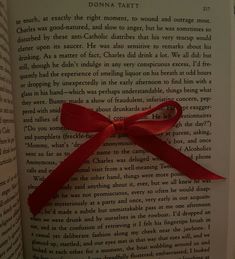 an open book with a red ribbon on it