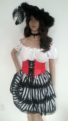 "ALL IN ONE SKIRT!! SAME SKIRT IN ALL THE PHOTOS WITH DIFFERENT LOOKS! DON'T BUY SEVERAL SKIRTS FOR ALL YOUR COSTUMES NEEDS! THIS VERSATILE SKIRT DOES IT ALL! Tuck the skirt Up or wear it down to change the look. Skirt is made of Black & White stripped taffeta ruffles trimmed in black lace, with an attached crinoline. Waist is a 2\" Wide, non roll elastic waistband I also sell the skirt hike chains shown in the photo for a Steampunk look; Use this link; https://www.etsy.com/listing/721562696 Can-can Skirt For Costume Party, Skirt Hike, Steampunk Black, Chain Skirt, Victorian Costume, Womens Costumes, Dress Purchase, Women's Costumes, Ruffle Trim