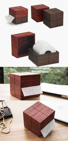 several different types of wooden boxes with paper on them