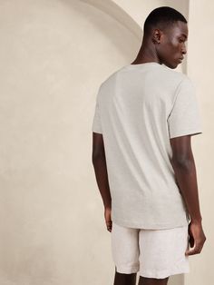 An American grown classic, our garment dyed tee features beautiful dimension and sumptuous softness from our customer favorite SUPIMA® cotton.  Crew neck.  Straight hem with vented sides.  Standard fit.  Short sleeves.  Hits at the hip.  Model: Size M, 6'2" (188cm). Solid Linen Casual T-shirt, Relaxed Fit Linen T-shirt, Short Sleeve Linen T-shirt For Loungewear, Classic Linen Short Sleeve T-shirt, Casual Beige Linen T-shirt, Beige Casual Linen T-shirt, Everyday Relaxed Linen T-shirt, Casual Linen T-shirt For Loungewear, Casual Linen Crew Neck T-shirt