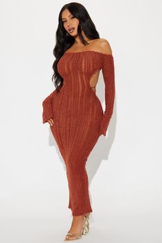 Available In Rust. Sweater Midi Dress Off the shoulder Long bell sleeves Sheer Open back w/ adjustable strap detail Back slit Stretch Length = 49" 95% Polyester 5% Spandex Imported | Mirabel Sweater Midi Dress in Rust size Large by Fashion Nova Orange Sweater Dress, Glam Closet, Rust Sweater, Sweater Midi Dress, Outfit References, Janet Guzman, High Fashion Outfits, Evening Dresses For Weddings, Rust Dress