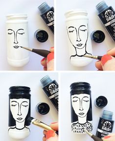 the process of painting a coffee cup with black and white images on it, including an image of a woman's face