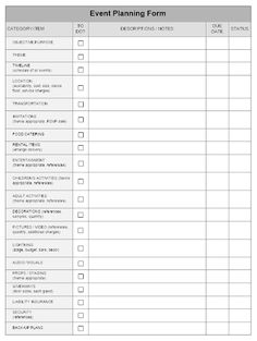 an event planning form is shown in this image, it shows the checklist for each event